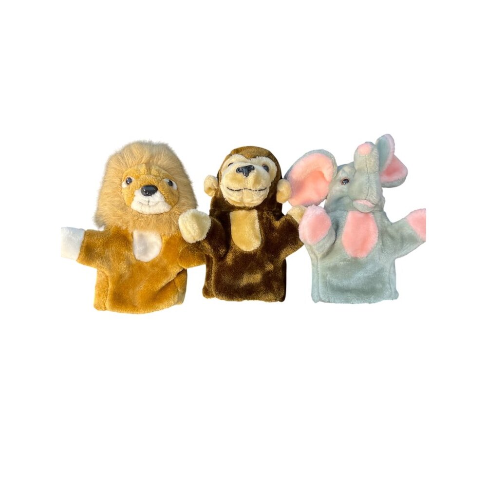 Vintage Animal Hand Puppets Set 3 Plush Collectible Monkey Lion Elephant Estate